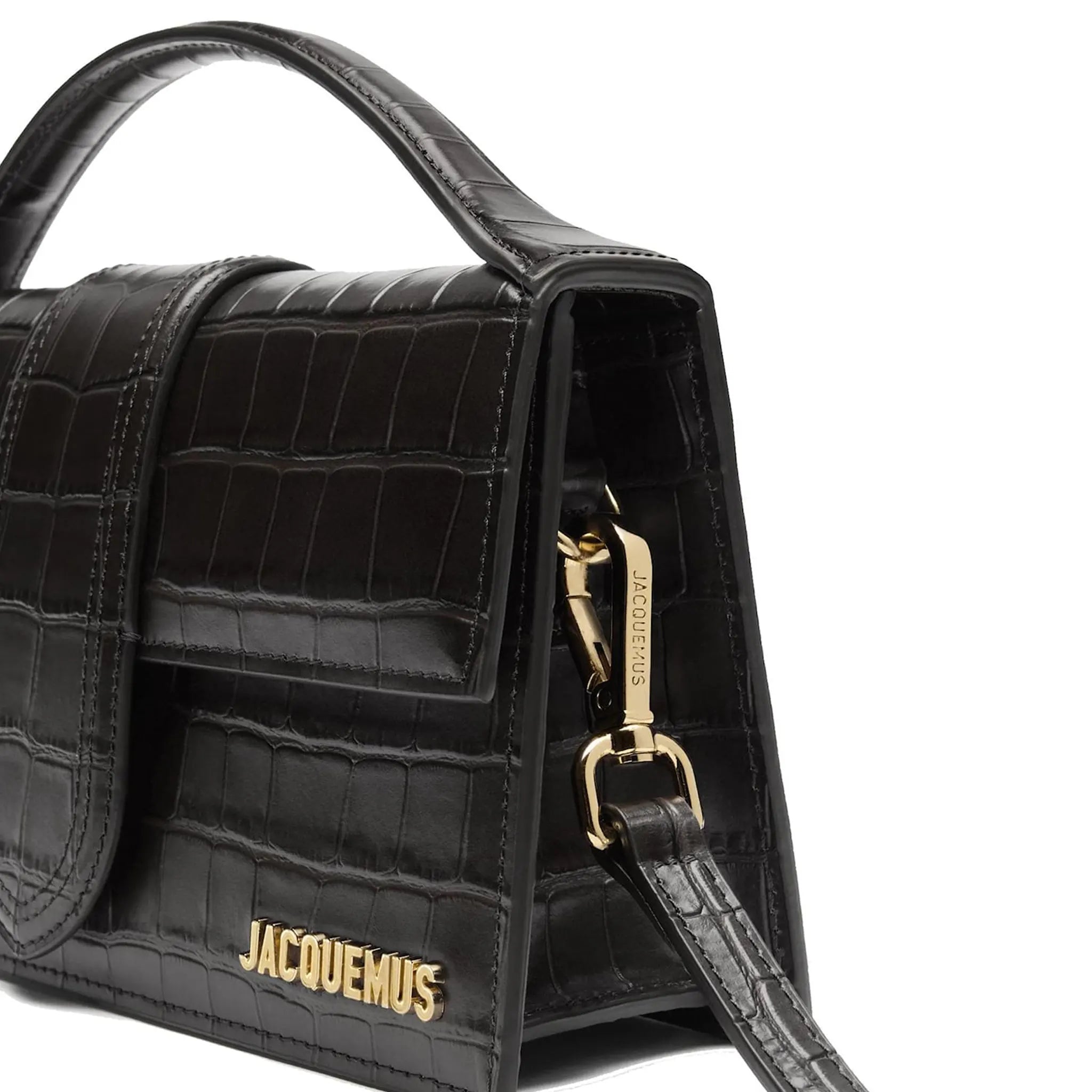 Front Side View of Jacquemus Large Bambino Black Crocodile Crossbody Bag 213BA007-3223-850